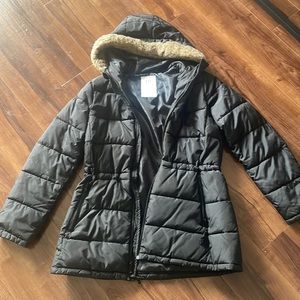 GAP womens small black puffer cinched waist hooded w faux fur